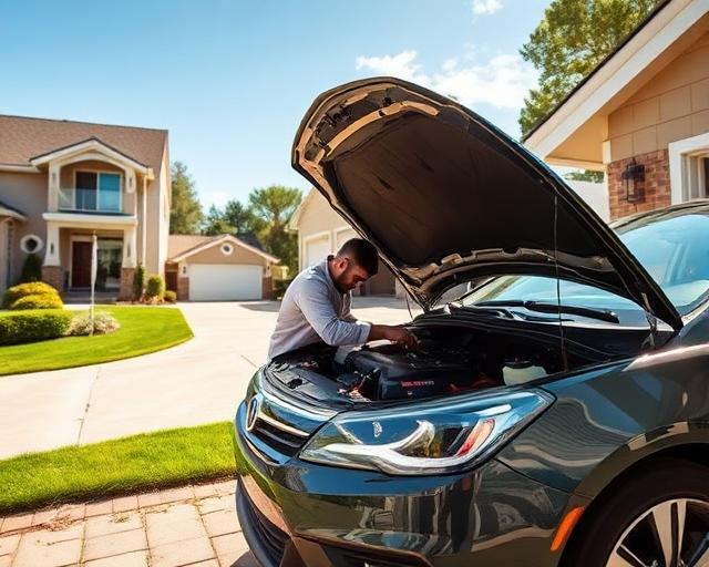 Mobile mechanic working under the hood of a car in an office parking lot in Tallahassee, Florida